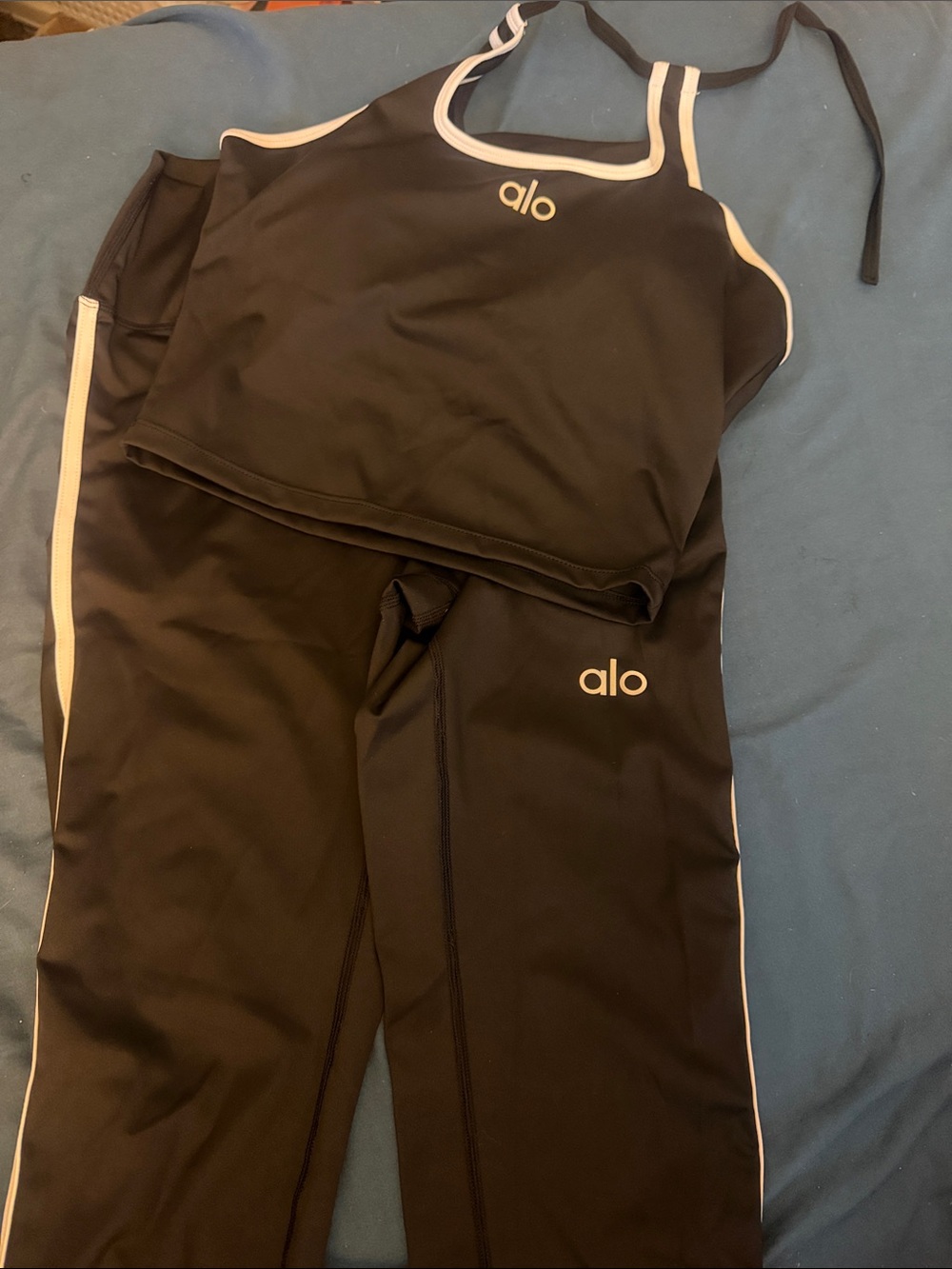 ALO Yoga Black Leggings & Tank Set with White Trim